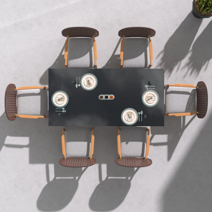 HMR - 3-Pieces Teak Wood Outdoor Dining Set with Glass Top Table Rattan Armchair in Natural