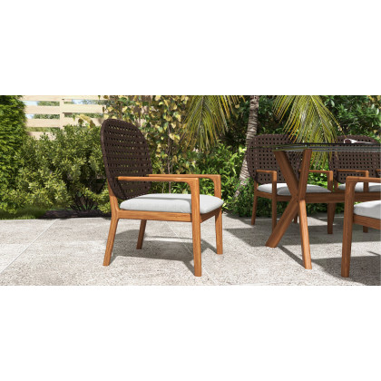 HMR - 3-Pieces Teak Wood Outdoor Dining Set with Glass Top Table Rattan Armchair in Natural