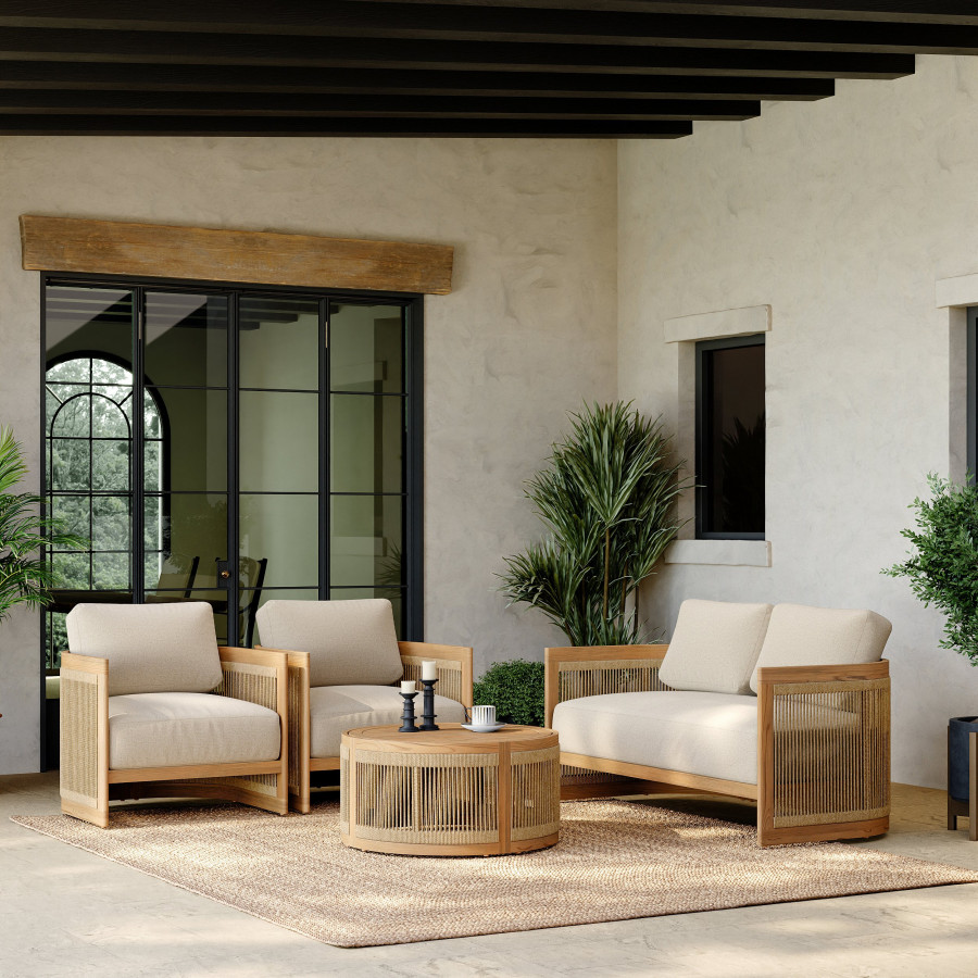 HMR - 4-Pieces Beige Teak Hand Woven Rope Outdoor Sofa Set