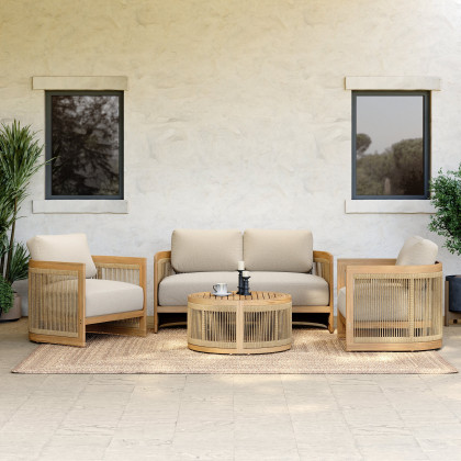 HMR - 4-Pieces Beige Teak Hand Woven Rope Outdoor Sofa Set