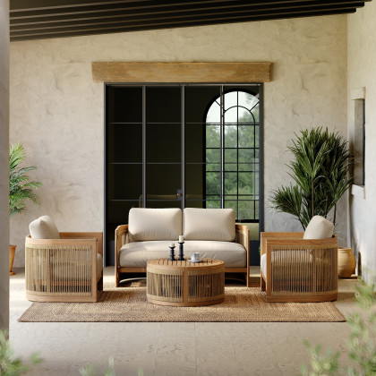 HMR - 4-Pieces Beige Teak Hand Woven Rope Outdoor Sofa Set
