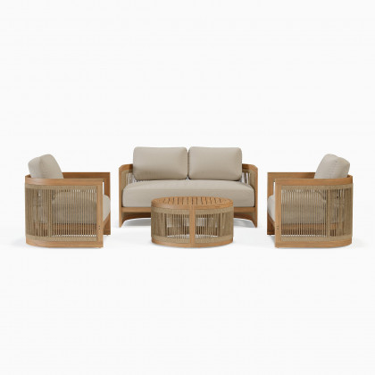 HMR - 4-Pieces Beige Teak Hand Woven Rope Outdoor Sofa Set
