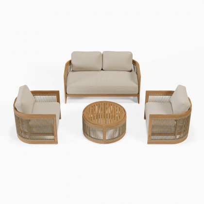HMR - 4-Pieces Beige Teak Hand Woven Rope Outdoor Sofa Set