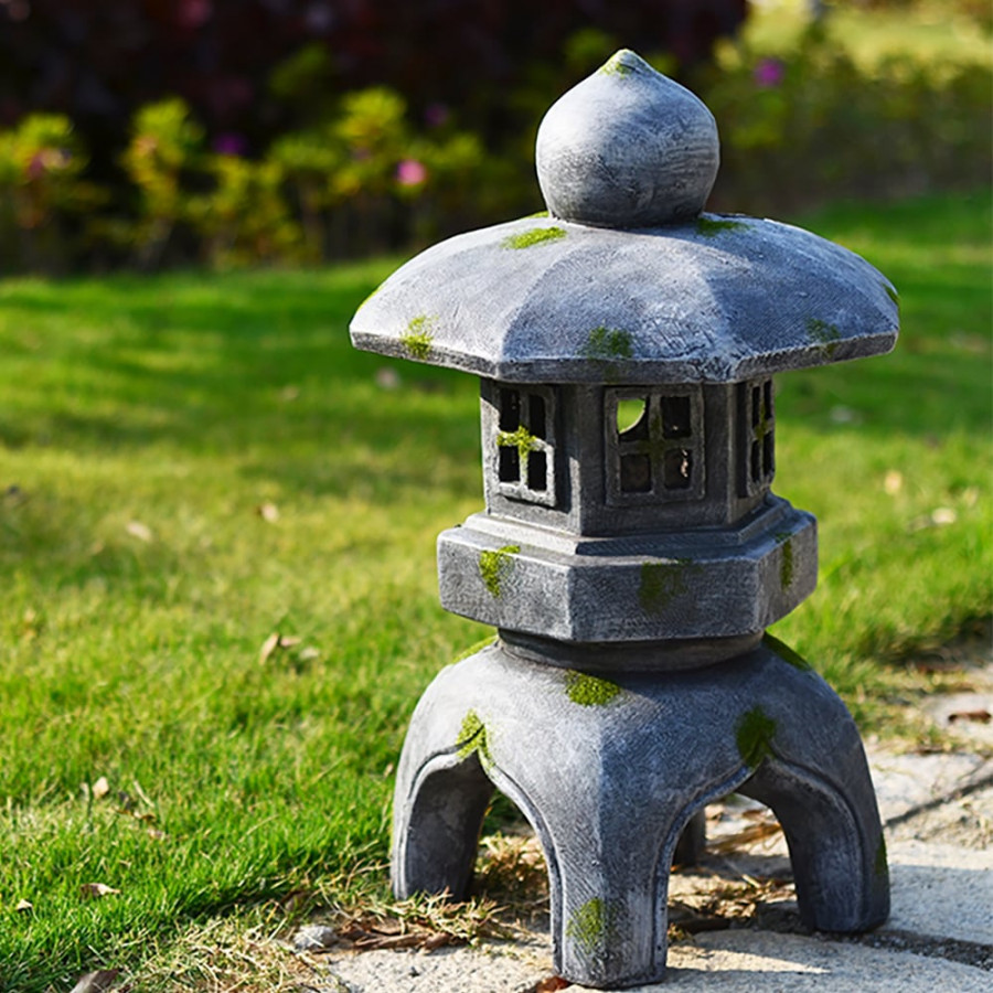 HMR Outdoor Garden Geometric Japanese Solar Lantern Sculpture Statue Asian Decor - Gray
