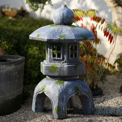 HMR Outdoor Garden Geometric Japanese Solar Lantern Sculpture Statue Asian Decor - Gray