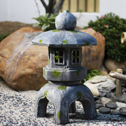 HMR Outdoor Garden Geometric Japanese Solar Lantern Sculpture Statue Asian Decor - Gray