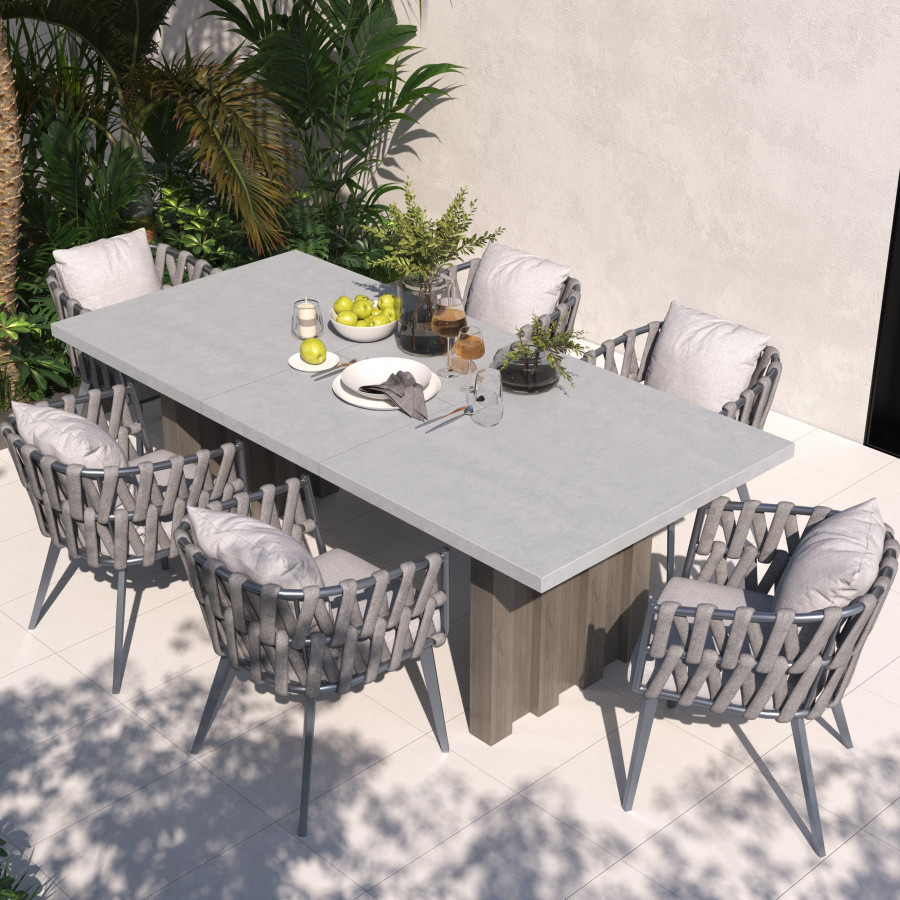 HMR - 7-Pieces Gray Aluminum Outdoor Patio Dining Set with Extendable Table and Woven Armchair