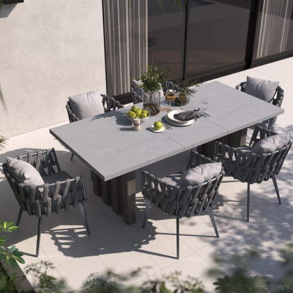 HMR - 7-Pieces Gray Aluminum Outdoor Patio Dining Set with Extendable Table and Woven Armchair