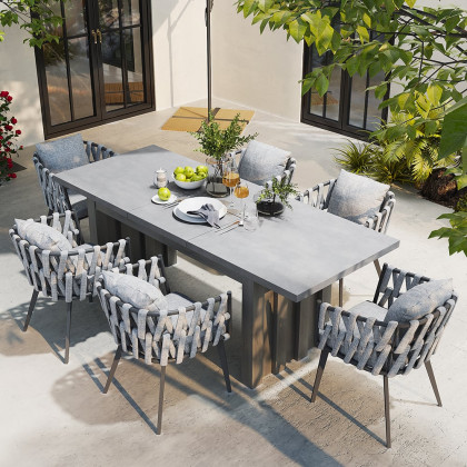 HMR - 7-Pieces Gray Aluminum Outdoor Patio Dining Set with Extendable Table and Woven Armchair
