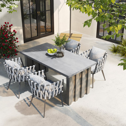 HMR - 7-Pieces Gray Aluminum Outdoor Patio Dining Set with Extendable Table and Woven Armchair