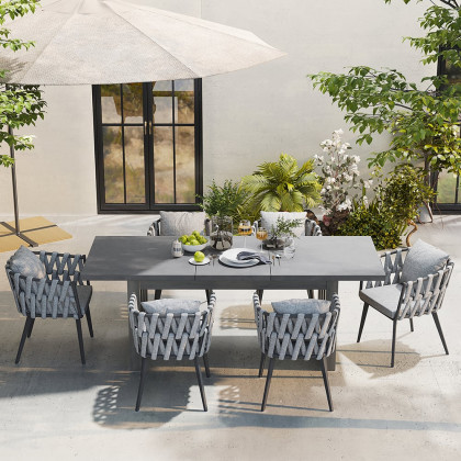 HMR - 7-Pieces Gray Aluminum Outdoor Patio Dining Set with Extendable Table and Woven Armchair
