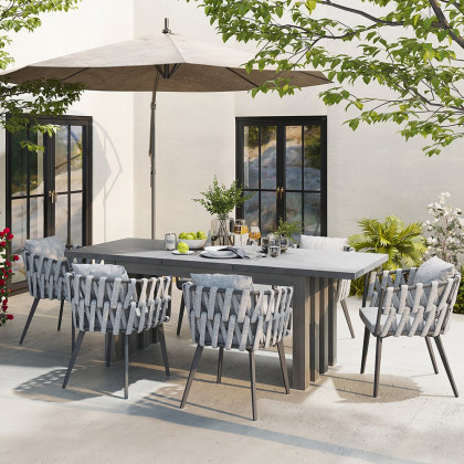 HMR - 7-Pieces Gray Aluminum Outdoor Patio Dining Set with Extendable Table and Woven Armchair