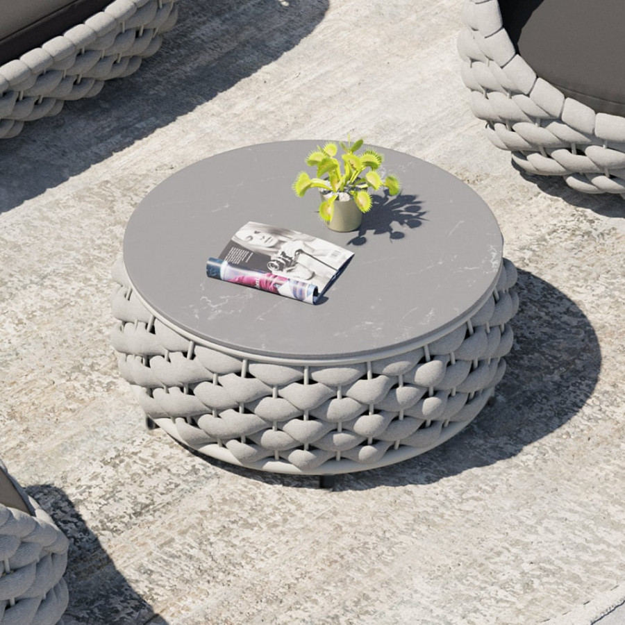HMR Tatta Modern Faux Marble Top Round Outdoor Coffee Table with Textilene Rope Woven Base - Gray, With Storage
