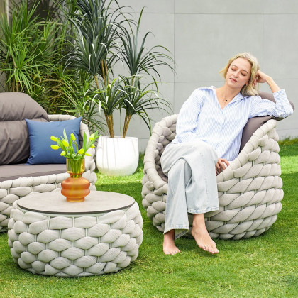 HMR Tatta Modern Faux Marble Top Round Outdoor Coffee Table with Textilene Rope Woven Base - Gray, With Storage