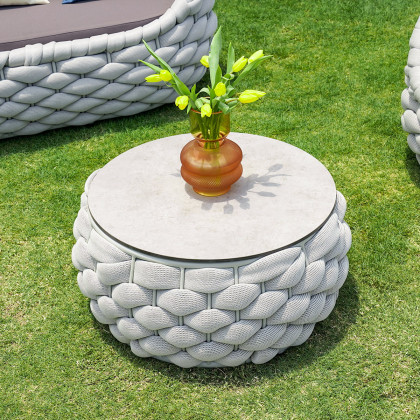 HMR Tatta Modern Faux Marble Top Round Outdoor Coffee Table with Textilene Rope Woven Base - Gray, With Storage
