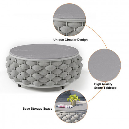 HMR Tatta Modern Faux Marble Top Round Outdoor Coffee Table with Textilene Rope Woven Base - Gray, With Storage