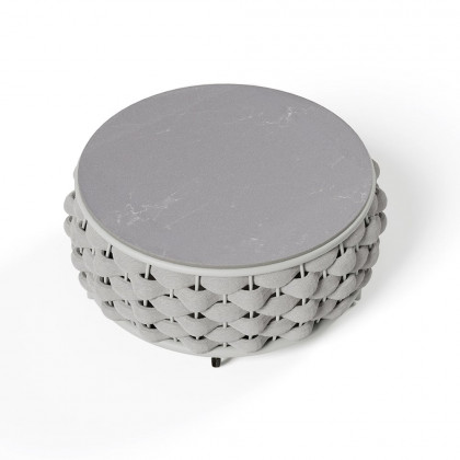 HMR Tatta Modern Faux Marble Top Round Outdoor Coffee Table with Textilene Rope Woven Base - Gray, With Storage