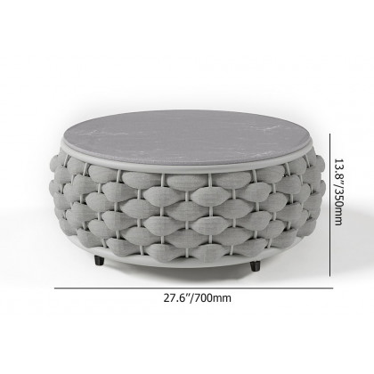 HMR Tatta Modern Faux Marble Top Round Outdoor Coffee Table with Textilene Rope Woven Base - Gray, With Storage