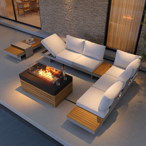 HMR 6-Pieces Modular Teak Outdoor Sofa Set with Smokeless Fire Pit for 6 Person - Light Khaki