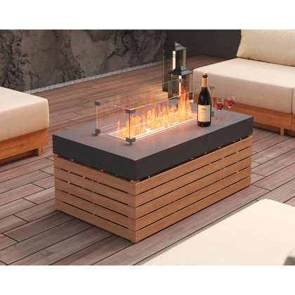 HMR 6-Pieces Modular Teak Outdoor Sofa Set with Smokeless Fire Pit for 6 Person - Light Khaki