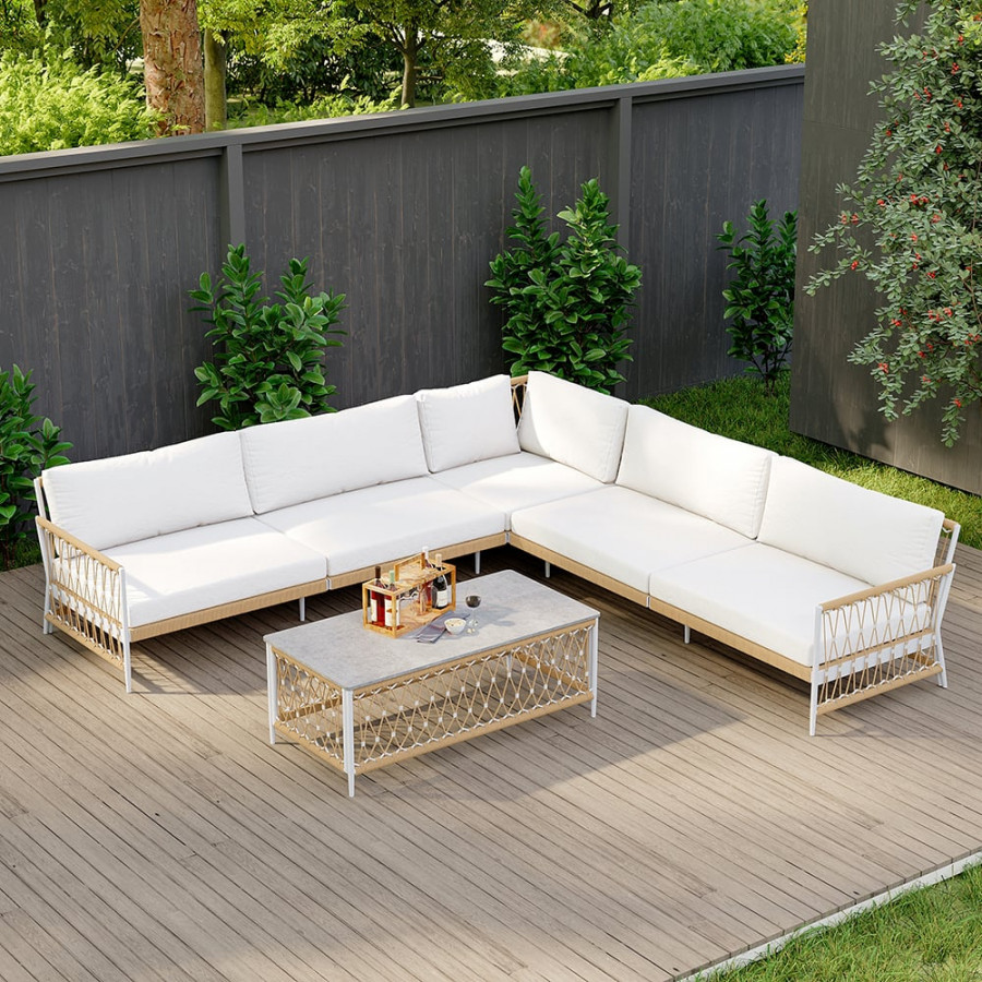 HMR - Ropipe 4-Pieces L-Shaped Woven Rope Outdoor Sectional Sofa Set in Khaki & White For 5