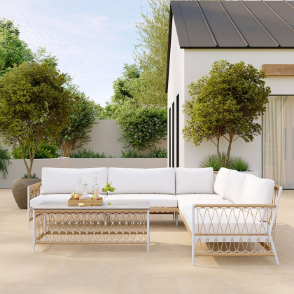 HMR - Ropipe 4-Pieces L-Shaped Woven Rope Outdoor Sectional Sofa Set in Khaki & White For 5
