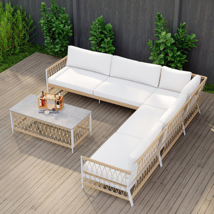 HMR - Ropipe 4-Pieces L-Shaped Woven Rope Outdoor Sectional Sofa Set in Khaki & White For 5