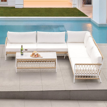HMR - Ropipe 4-Pieces L-Shaped Woven Rope Outdoor Sectional Sofa Set in Khaki & White For 5