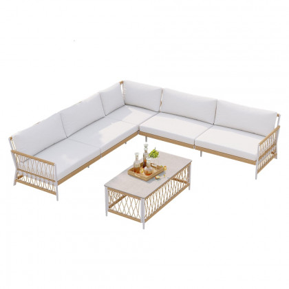 HMR - Ropipe 4-Pieces L-Shaped Woven Rope Outdoor Sectional Sofa Set in Khaki & White For 5