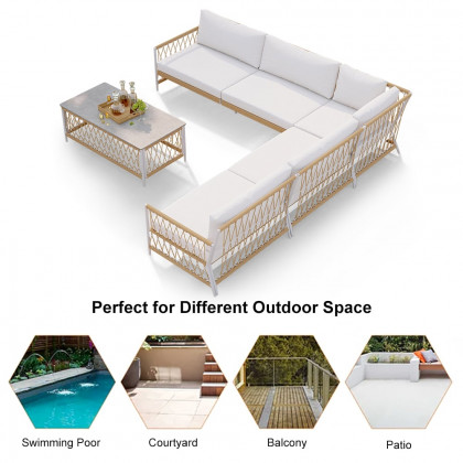 HMR - Ropipe 4-Pieces L-Shaped Woven Rope Outdoor Sectional Sofa Set in Khaki & White For 5