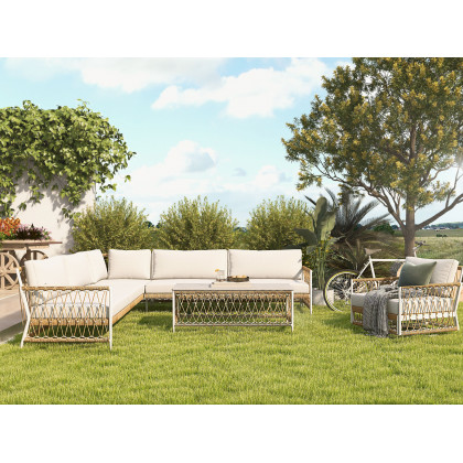 HMR - Ropipe 4-Pieces L-Shaped Woven Rope Outdoor Sectional Sofa Set in Khaki & White For 5