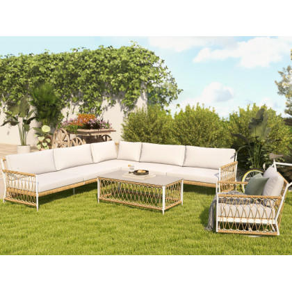 HMR - Ropipe 4-Pieces L-Shaped Woven Rope Outdoor Sectional Sofa Set in Khaki & White For 5