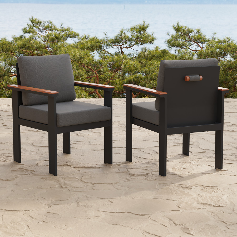 HMR - 2 PCS Acacia & Aluminum Outdoor Dining Chair with Cushion