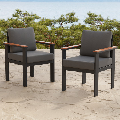 HMR - 2 PCS Acacia & Aluminum Outdoor Dining Chair with Cushion