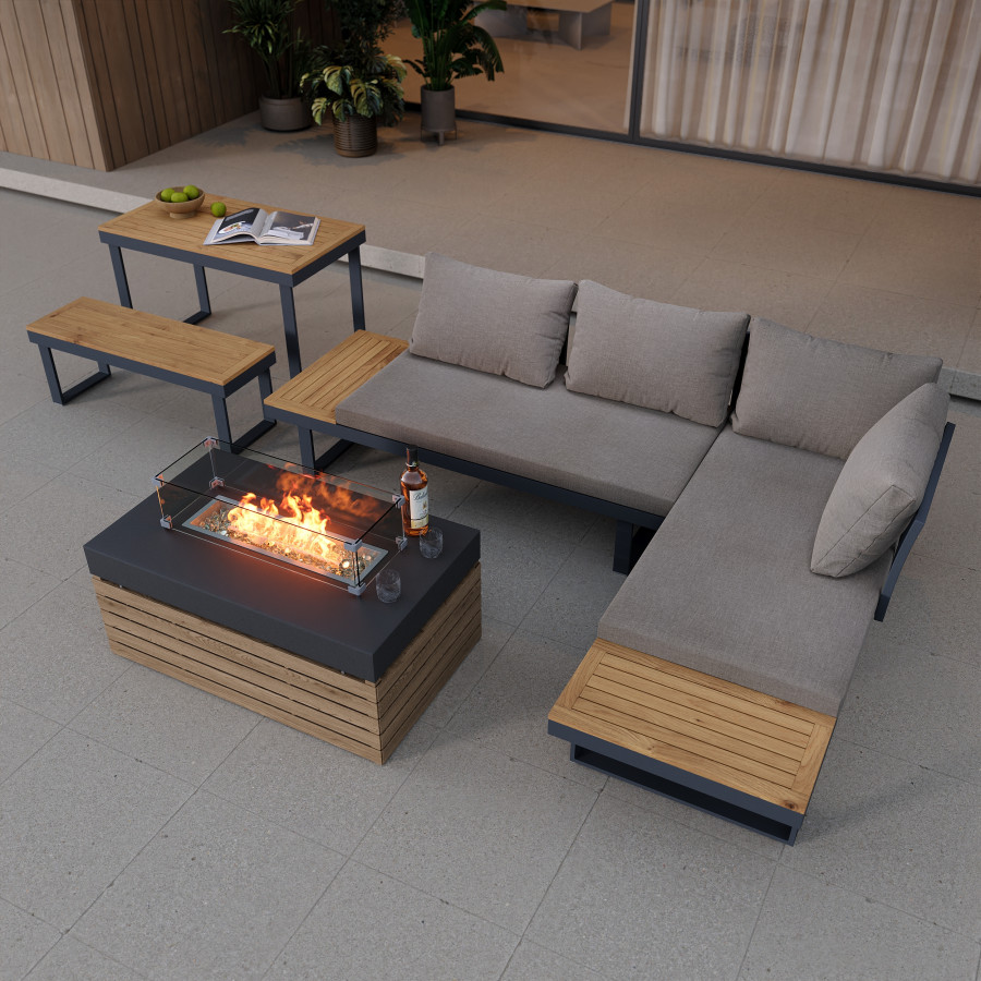 HMR - Aluminum Wood Outdoor Sectional Sofa & Propane Gas Fire Pit Table With Glass Wind Guard