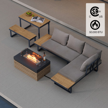 HMR - Aluminum Wood Outdoor Sectional Sofa & Propane Gas Fire Pit Table With Glass Wind Guard