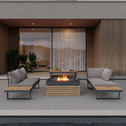 HMR - Aluminum Wood Outdoor Sectional Sofa & Propane Gas Fire Pit Table With Glass Wind Guard