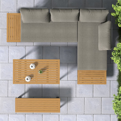 HMR - Aluminum Wood Outdoor Sectional Sofa & Propane Gas Fire Pit Table With Glass Wind Guard
