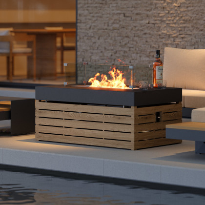 HMR - Aluminum Wood Outdoor Sectional Sofa & Propane Gas Fire Pit Table With Glass Wind Guard
