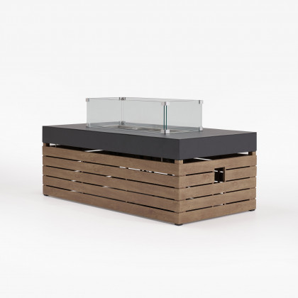 HMR - Aluminum Wood Outdoor Sectional Sofa & Propane Gas Fire Pit Table With Glass Wind Guard