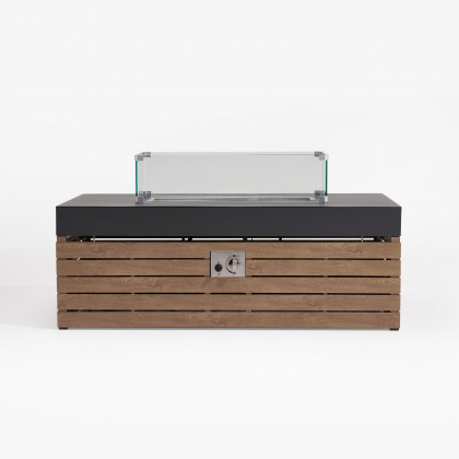 HMR - Aluminum Wood Outdoor Sectional Sofa & Propane Gas Fire Pit Table With Glass Wind Guard