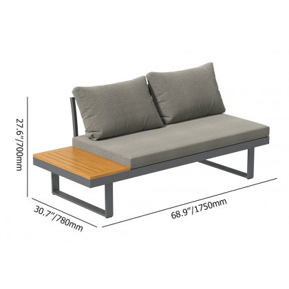HMR - Aluminum Wood Outdoor Sectional Sofa & Propane Gas Fire Pit Table With Glass Wind Guard