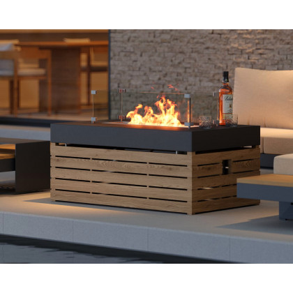 HMR - Aluminum Wood Outdoor Sectional Sofa & Propane Gas Fire Pit Table With Glass Wind Guard