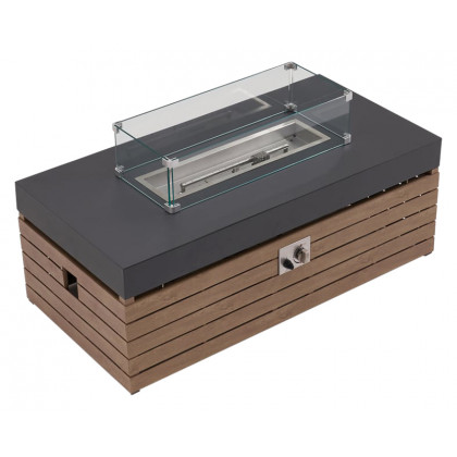 HMR - Aluminum Wood Outdoor Sectional Sofa & Propane Gas Fire Pit Table With Glass Wind Guard