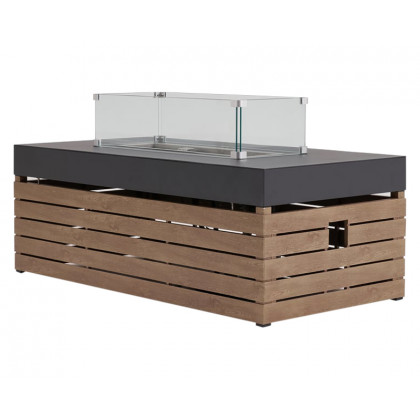 HMR - Aluminum Wood Outdoor Sectional Sofa & Propane Gas Fire Pit Table With Glass Wind Guard