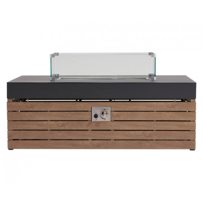 HMR - Aluminum Wood Outdoor Sectional Sofa & Propane Gas Fire Pit Table With Glass Wind Guard