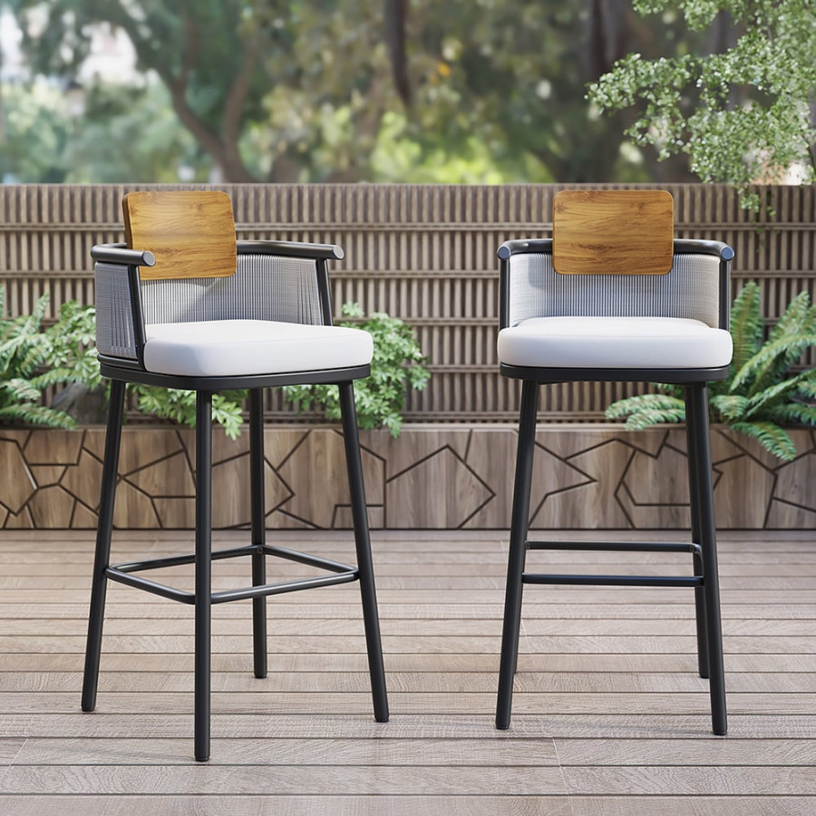 HMR - 2-Pieces Outdoor Patio Teak & Aluminum 41" Bar Stools Set with Backs