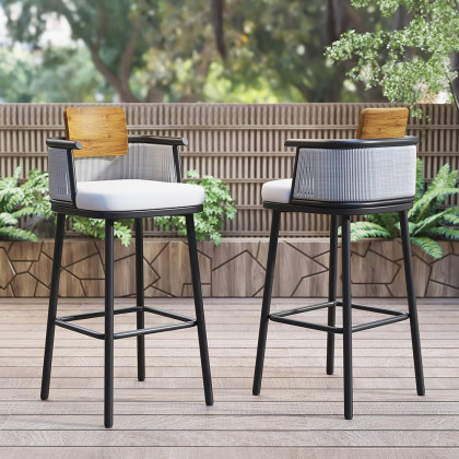 HMR - 2-Pieces Outdoor Patio Teak & Aluminum 41" Bar Stools Set with Backs
