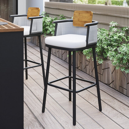 HMR - 2-Pieces Outdoor Patio Teak & Aluminum 41" Bar Stools Set with Backs