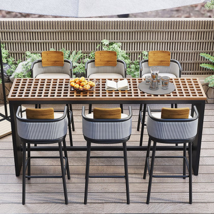 HMR - 2-Pieces Outdoor Patio Teak & Aluminum 41" Bar Stools Set with Backs